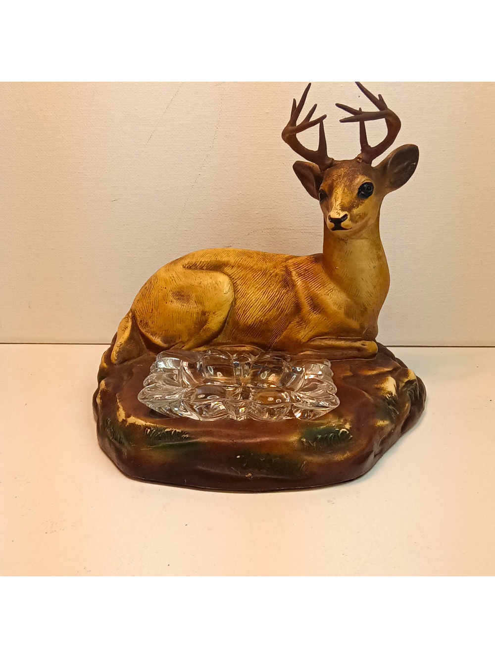 Vintage 1950s Chalkware Buck Deer Trinket Dish Heavy Glass Tray Retro Cabin